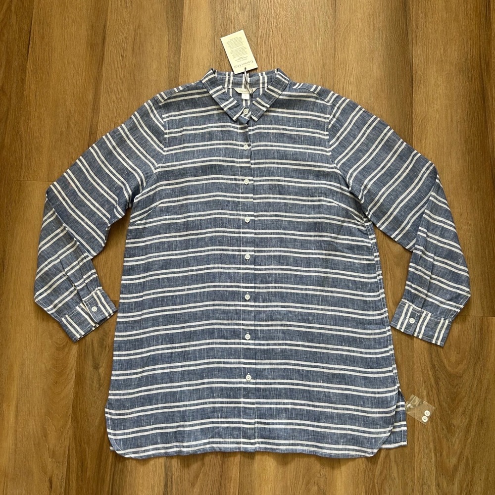 Garnet Hill French Linen Striped Tunic button down Shirt L New lagenlook coastal